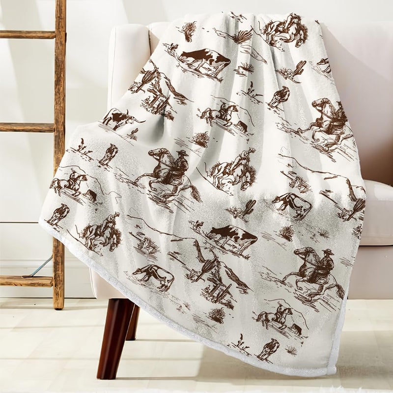 Bzhilja Western Cowboy Throw Blankets, Wild West Cowboy Ride Horse Desert Cactus Cozy Warm Bed Couch Blanket, Farmhouse Country American West Theme Fleece Flannel Throws to Decorate the Room and Bedroom - Image 3